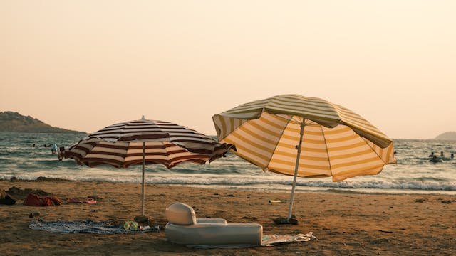 Bright Beach Scene with Colorful Umbrellas